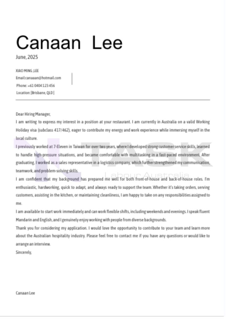 cover letter 範例
